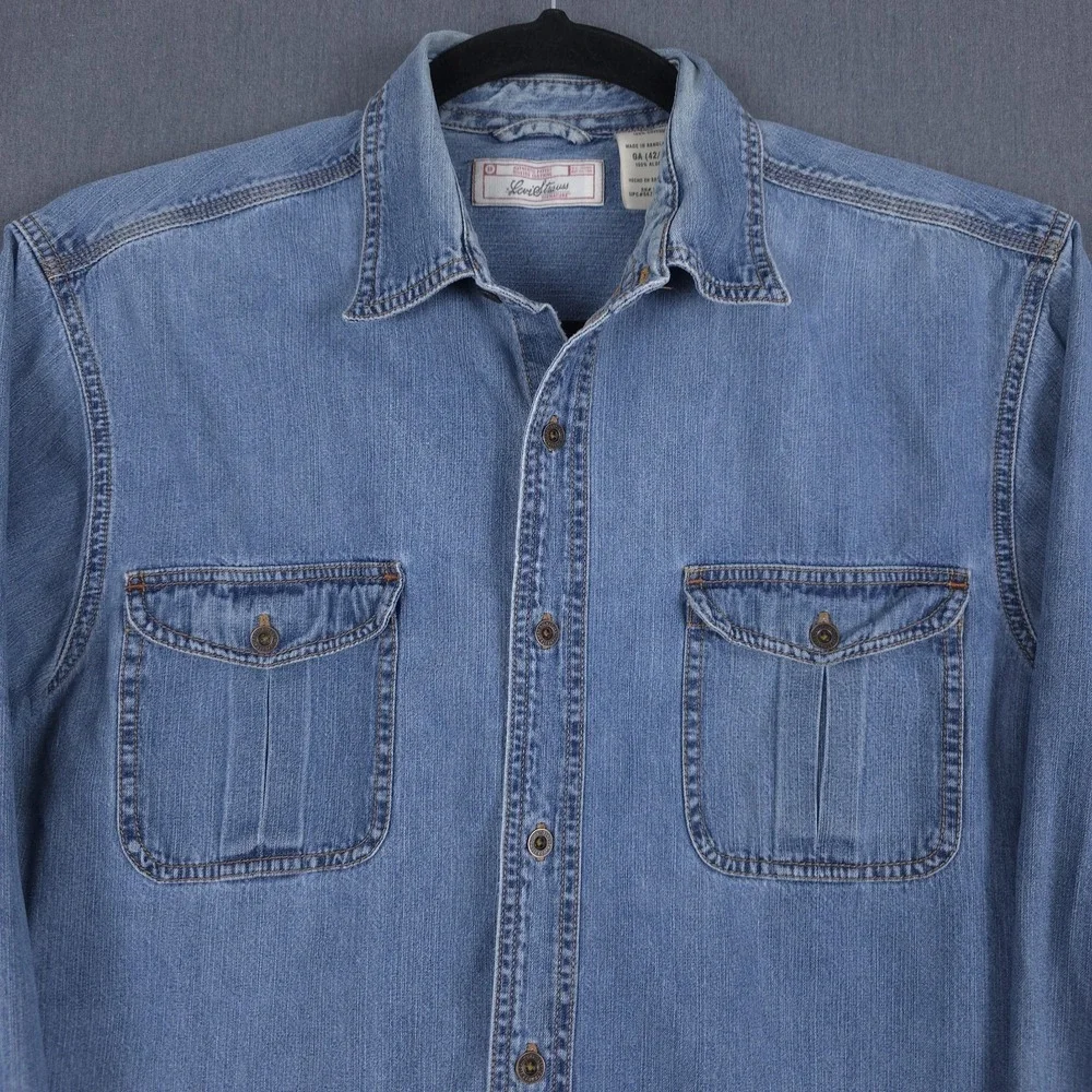 Vintage Levis Denim Utility Shirt Mens Large‎ Blue Faded Metal Button Workwear